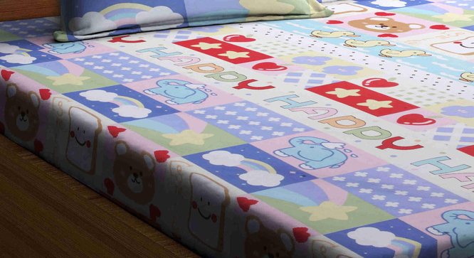 Claire   Multicolour Cartoon Print Cotton Blend Elasticated Double BedSheet With 2 Pillow Covers (King Size, Multi) by Urban Ladder - - 