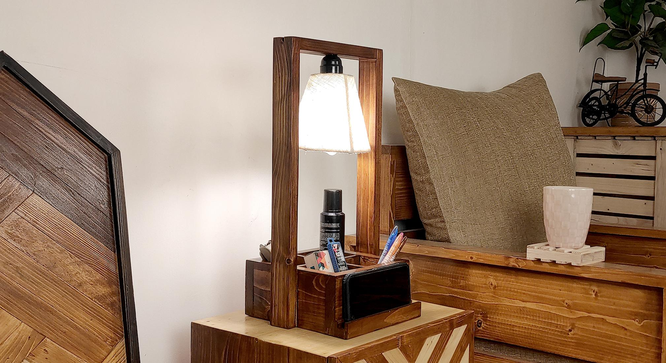Strew Wooden Table Lamp with Brown Base and Premium White Fabric Lampshade (Brown) by Urban Ladder - Front View Design 1 - 906851
