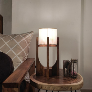 Solitaire Wooden Table Lamp with Brown Base White Fabric Lampshade-image-3