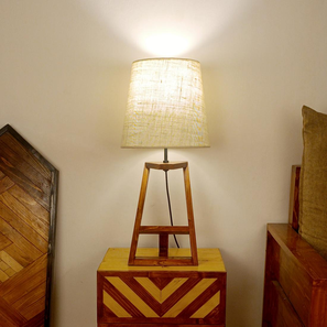 symplify Angular Wooden Table Lamp with Brown Base and Premium White Fabric Lampshade-picture-18