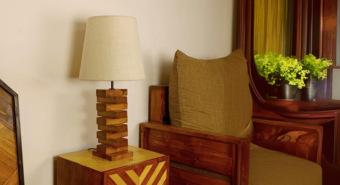 Libra Brown Wooden Table Lamp with White Fabric Lampshade (Brown) by Urban Ladder - Ground View Design 1 - 907157