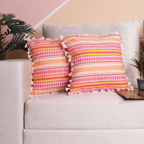 Cushion Cover Design Acrylic Striped Cushion Cover with Lace Set of 2 (24 X 24 Inches) (Pink)