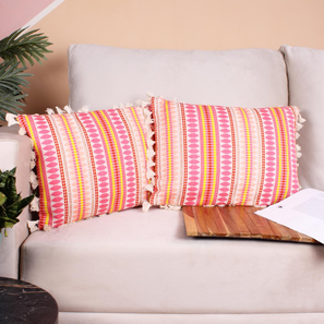 Cushion Cover Design Acrylic Striped Cushion Cover with Lace Set of 2 (12 X 18 Inches) (Pink)
