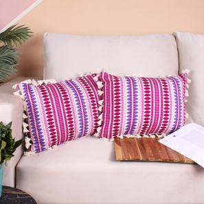 Cushion Cover Design Acrylic Striped Cushion Cover with Lace Set of 2 (12 X 18 Inches) (Multi)