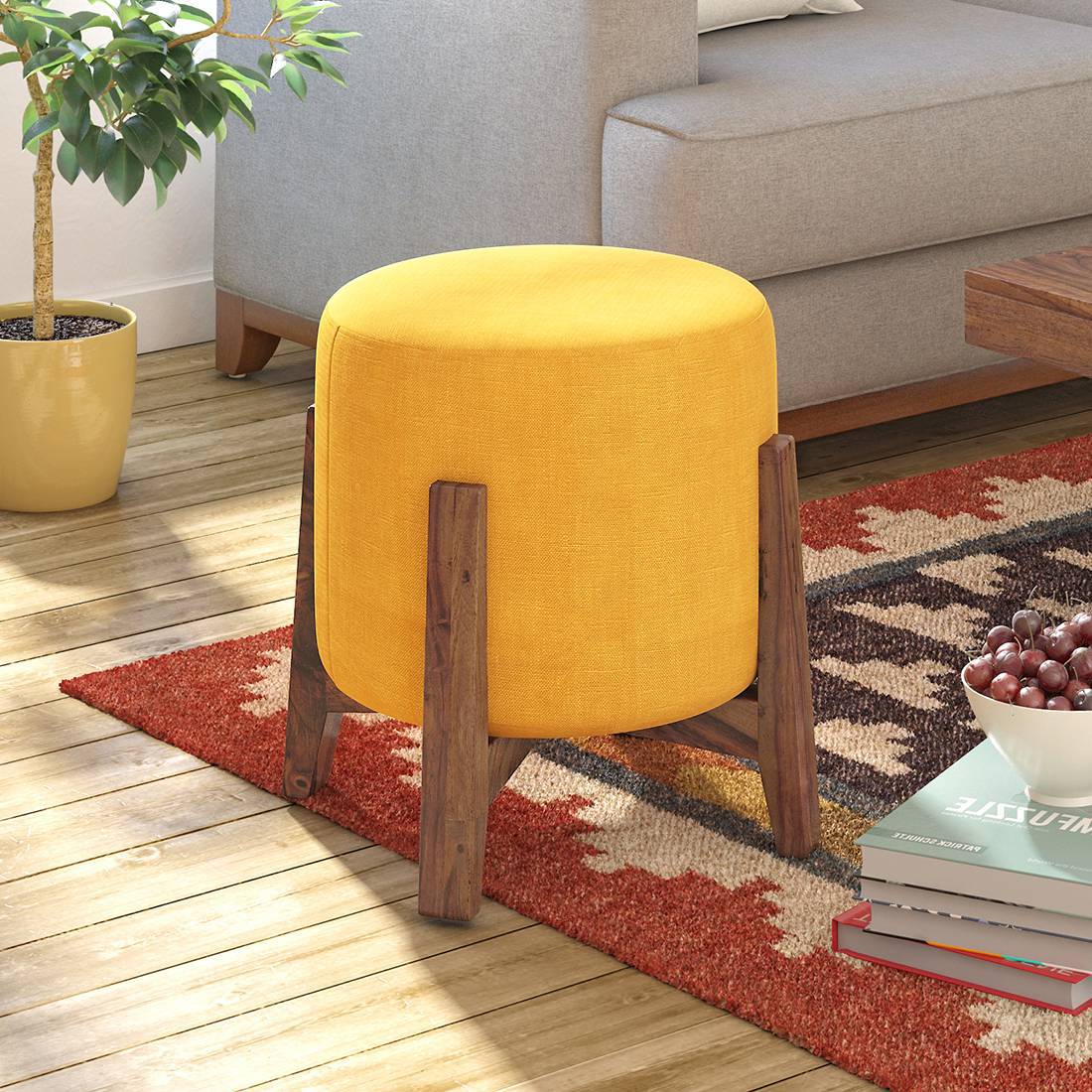 Vintage Yellow Upholstered Footstool with Carved Wood offers Legs
