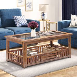 High Slash Std Coffee Table Glass Top Design Renesme Rectangular Solid Wood Coffee Table in Teak Finish