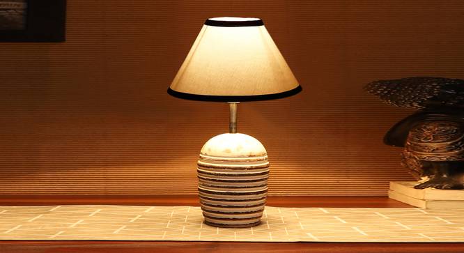 White & Black cotton with  White Brushed Wood    Table Lamp (Multi) by Urban Ladder - - 