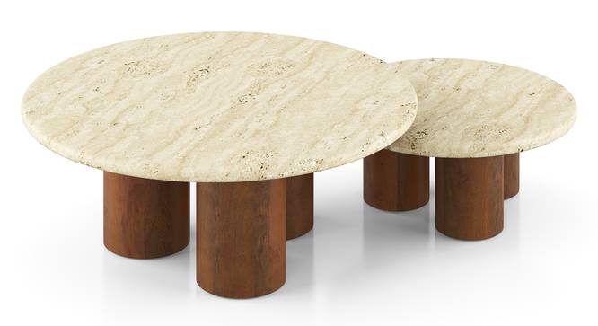 Enzo Nested Round Coffee Table in Travertine Marble & Solid Wood in Amber Walnut Finish (Amber Walnut Finish) by Urban Ladder - - 964631
