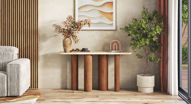 Enzo Console Table With Travertine Marble top in Amber Walnut Finish (Amber Walnut Finish) by Urban Ladder - - 964641