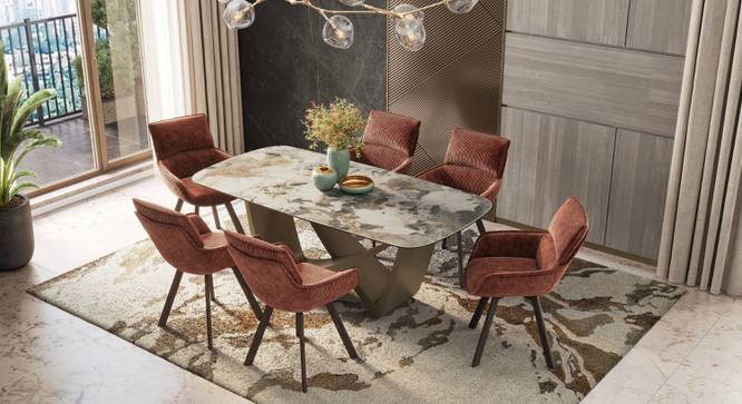 Paloma 6 Seater Spanish Ceramic Dining Table With Set Of 6 Bren Swivel Chair In Beige Fabric (Spanish Ceramic Finish, Auburn) by Urban Ladder - - 966525