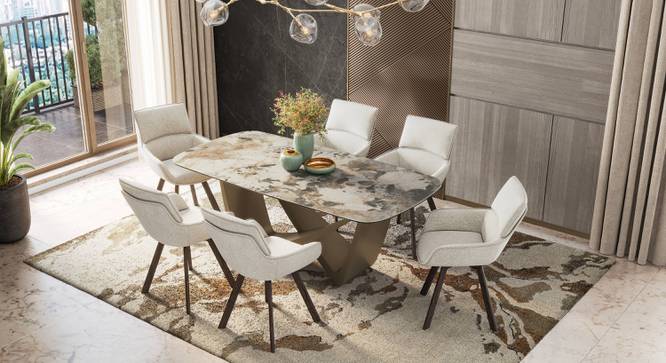 Paloma 6 Seater Spanish Ceramic Dining Table With Set Of 6 Bren Swivel Chair In Beige Fabric (Beige, Spanish Ceramic Finish) by Urban Ladder - - 966534
