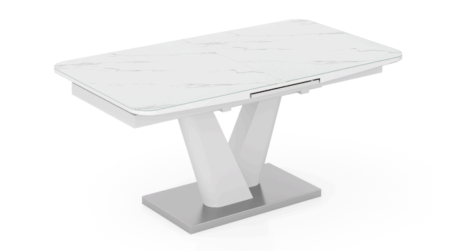 Caribu 6 To 8 Extendable Dining Table, Finish-Black Marble Color High Gloss With Set Of 6 Ingrid Dining Chairs (White High Gloss Finish, White Leatherette) by Urban Ladder - - 968869