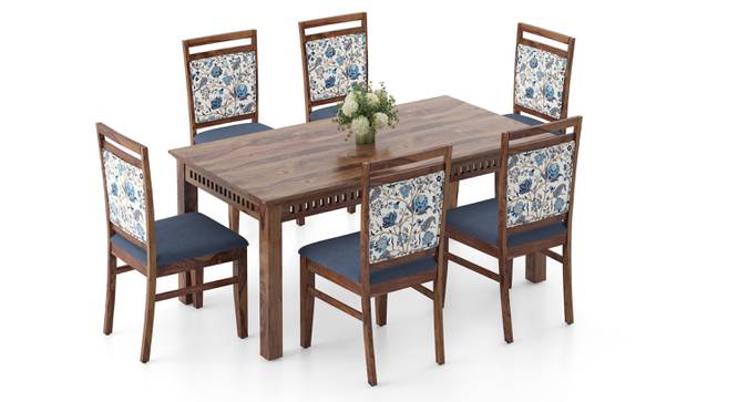 Fidora 6 Seater Dining Table With set of 6 Alaine Dining Chair, Fabric - Calico Indigo and base in Midnight Indigo Blue (Teak Finish, Midnight Indigo Blue) by Urban Ladder - - 969167