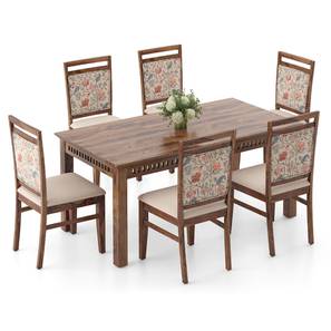 Oasis Dining Set Collections Design Fidora 6 Seater Dining Table With Set of 6 Alaine Dining Chairs in Calico Floral Retreat and Pony Beige (Teak Finish, Calico Floral Retreat and Pony Beige)