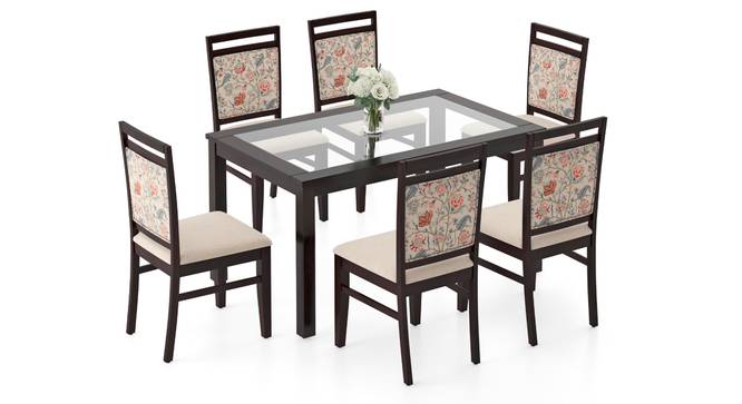 Floyd 6 Seater Dining Table, Glass Top, Finish - Mahogany With set of 6 Alaine Dining Chairs (Mahogany Finish, Calico Floral Retreat and Pony Beige) by Urban Ladder - - 969380