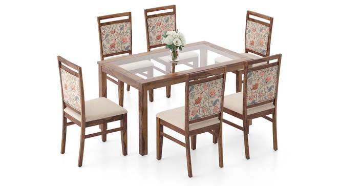Floyd 6 Seater Glass Top Dining Table Teak Finish With Set of 6 Alaine Dining Chairs (Teak Finish, Calico Floral Retreat and Pony Beige) by Urban Ladder - - 969386