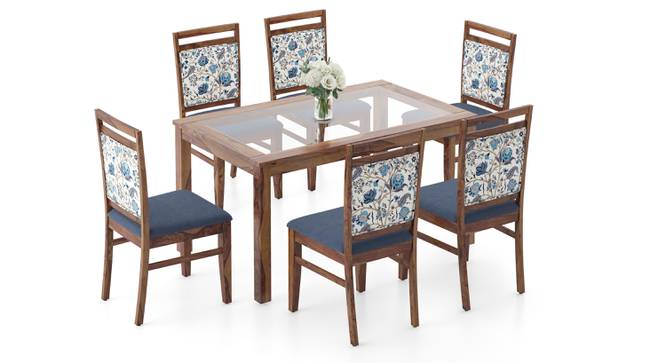 Floyd 6 Seater Glass Top Dining Table Teak Finish With Set of 6 Alaine Dining Chairs (Teak Finish, Rococo Red) by Urban Ladder - - 969388