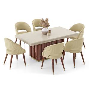 Gabriele Dining Range Design Gabriele Onyx 6 Seater Pedestal Dining Table Finish With set of 6 Celia Upholstered Dining Chair in Ancient Ivory Cream Leatherette (Teak Finish, Ancient Ivory Cream Leatherette)