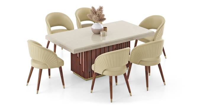 Gabriele Onex 6 Seater Pedestal Dining Table Finish With set of 6 Celia Upholstered Dining Chair in Ancient Ivory Cream Leatherette (Teak Finish, Ancient Ivory Cream Leatherette) by Urban Ladder - - 969394