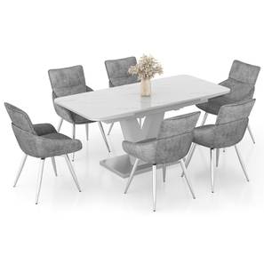 Caribu Dining Range Design Caribu 6 To 8 Extendable White Marble Color High Gloss Dining Table With Set Of 6 Megan Dining Chair (Beige, White High Gloss Finish)