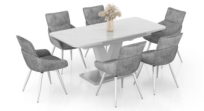 Caribu 6 To 8 Extendable White Marble Color High Gloss Dining Table With Set Of 6 Megan Dining Chair (Beige, White High Gloss Finish) by Urban Ladder - - 969773