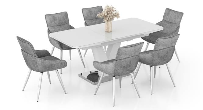 Caribu Glass 4 To 6 Seater Extendable Dining Table With Set Of 6 Megan Swivel Dining Chair (Beige, White High Gloss Finish) by Urban Ladder - - 969781