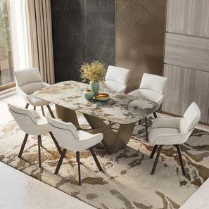 Paloma Dining Range Design Paloma 6 Seater Spanish Ceramic Dining Table With Set Of 6 Bren Swivel Chair In Beige Fabric (Beige, Spanish Ceramic Finish)