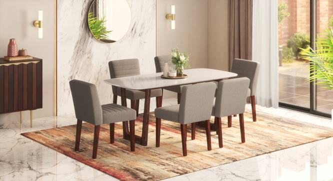 Adria Carara White Top Dining Table  With Set Of 6 Ludo Dining Chair In Tan Leatherette Fabric (Shitake Beige, Carara White Finish) by Urban Ladder - - 970080