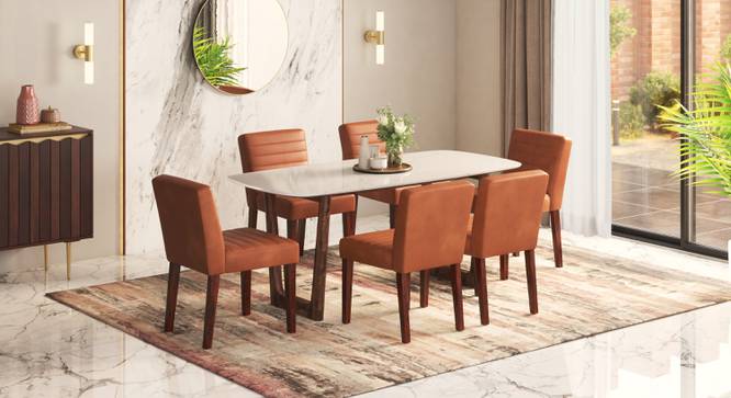 Adria Carara White Top Dining Table  With Set Of 6 Ludo Dining Chair In Tan Leatherette Fabric (Tan Leatherette, Carara White Finish) by Urban Ladder - - 970085