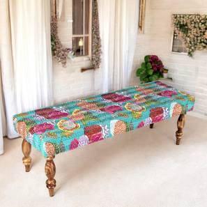 Benches In Mumbai Design Cairo Solid Wood Bench in Teak Floral Print Green Kantha