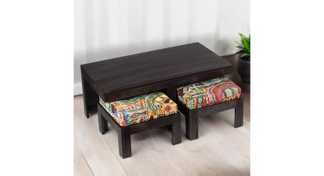 Irish Sheesham Wood Coffee Table with 2 Stools Set in Mahogany Finish & Turquoise Sea Velvet fabric Cushions (Mahogany Finish) by Urban Ladder - - 
