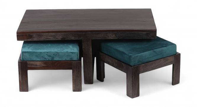 Irish Sheesham Wood Coffee Table with 2 Stools Set in Mahogany Finish & Turquoise Sea Velvet fabric Cushions (Mahogany Finish) by Urban Ladder - - 