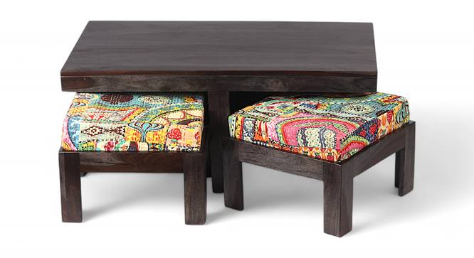 Irish Sheesham Wood Coffee Table with 2 Stools Set in Mahogany Finish & Turquoise Sea Velvet fabric Cushions (Mahogany Finish) by Urban Ladder - - 