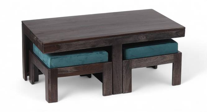 Irish Sheesham Wood Coffee Table with 2 Stools Set in Mahogany Finish & Turquoise Sea Velvet fabric Cushions (Mahogany Finish) by Urban Ladder - - 