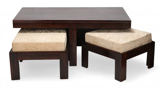 Irish Sheesham Wood Coffee Table with 2 Stools Set in Mahogany Finish & Turquoise Sea Velvet fabric Cushions (Dark Walnut Finish) by Urban Ladder - - 