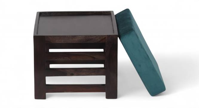 Houston Sheesham Wood Stool in Mahogany Finish & Turquoise Sea Velvet Cushion (Blue) by Urban Ladder - - 