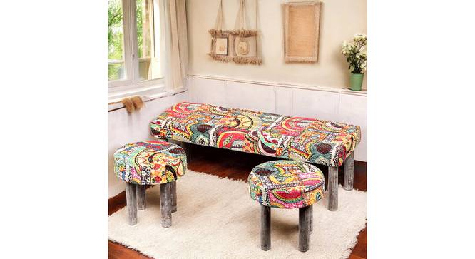 Asteria Solid Wood 2 Seater Bench in Stripe Multi Colour Jackard fabric (Lacquered Finish, Israel Print Kantha, Bench With 2 Stools Set) by Urban Ladder - - 