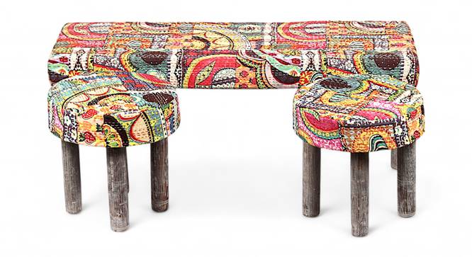 Asteria Solid Wood 2 Seater Bench in Stripe Multi Colour Jackard fabric (Lacquered Finish, Israel Print Kantha, Bench With 2 Stools Set) by Urban Ladder - - 