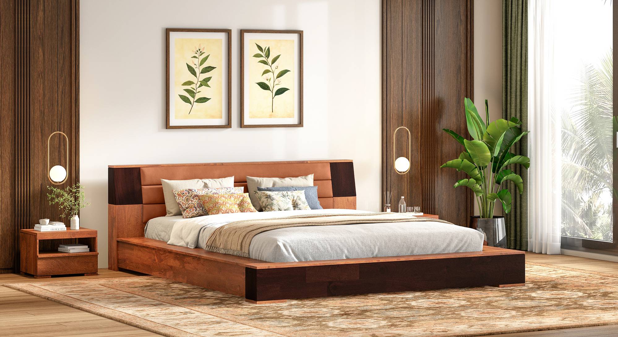 Cairo Solid Wood King Size Non Storage Bed in Tan Leathererte Finish