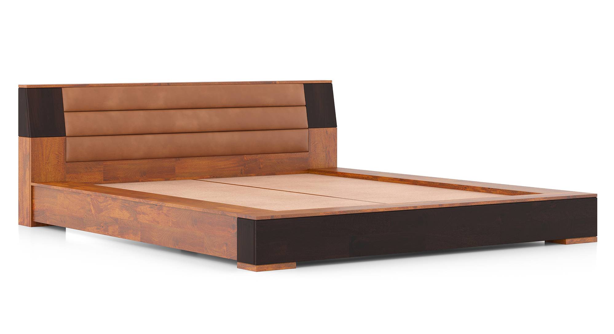 Cairo Solid Wood King Size Non Storage Bed in Tan Leathererte Finish