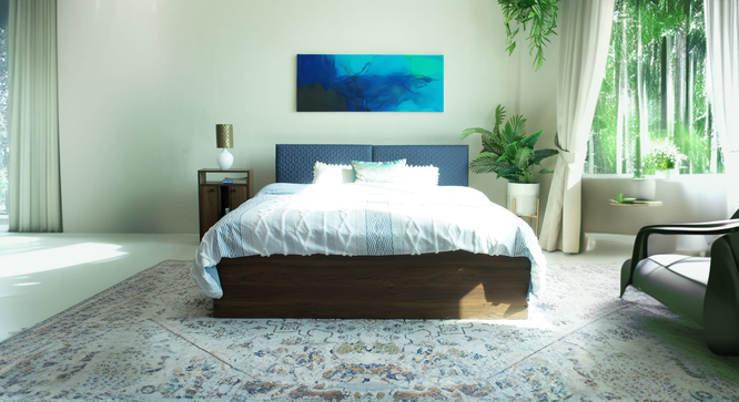 namah Engwitheered Wood Bed with Walnut Fwithish (Walnut Finish, Queen Bed Size, Box Storage Type) by Urban Ladder - - 