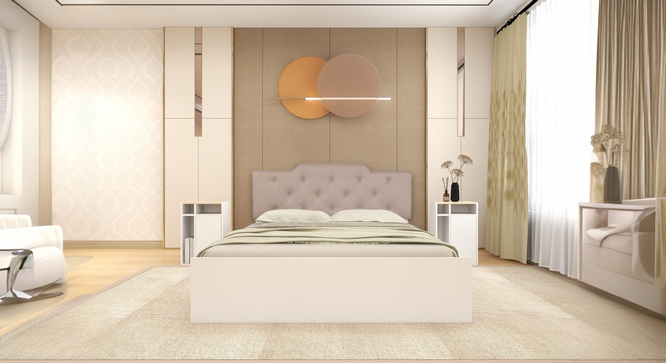 Prajna Engwitheered Wood Bed gi White Fwithish (Queen Bed Size, White Finish, Box Storage Type) by Urban Ladder - - 