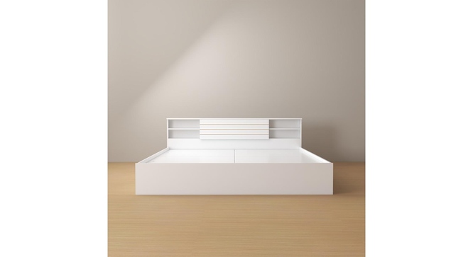 Kaito Engwitheered Wood Bed with White Fwithish (Queen Bed Size, White Finish, Box Storage Type) by Urban Ladder - - 