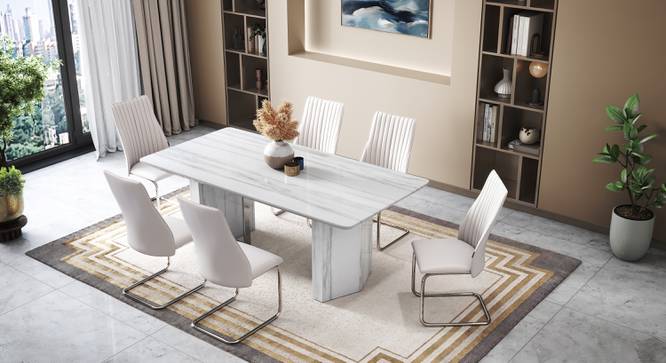 Nova Faux Marble 6 Seater Dining Table With Set Of 6 Ingrid White Leatherette Dining Chairs (White Leatherette, Faux White Marble Finish) by Urban Ladder - - 987220