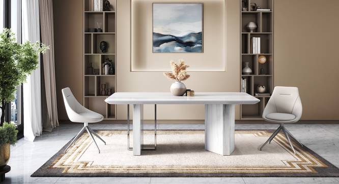 Nova Faux Marble 6 Seater Dining Table With Set Of 6 Doris Chairs (White Leatherette, Faux White Marble Finish) by Urban Ladder - - 987226