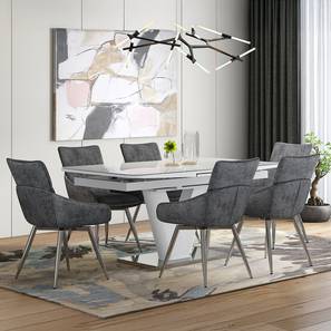 Caribu Dining Range Design Caribu Glass 6 To 8 Seater Extendable Dining Table With Set Of 6 Megan Swivel Dining Chair (Beige, White High Gloss Finish)