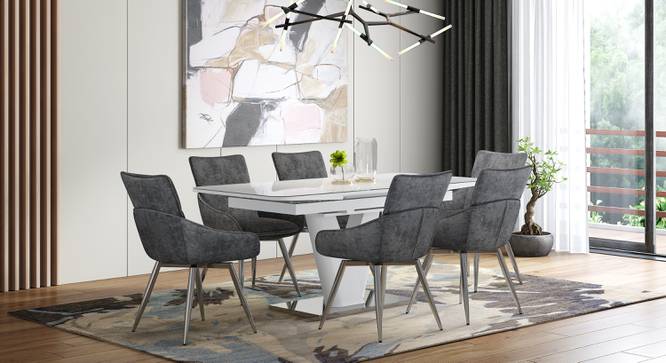 Caribu Glass 4 To 6 Seater Extendable Dining Table With Set Of 6 Megan Swivel Dining Chair (Beige, White High Gloss Finish) by Urban Ladder - - 987238