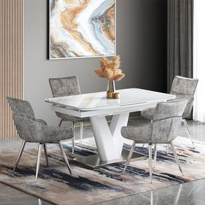 Glass All 4 Seater Dining Table Sets Design Caribu 4 To 6 Extendable White Marble Color High Gloss Dining Table With Set Of 4 Megan Dining Chair (Beige, White High Gloss Finish)