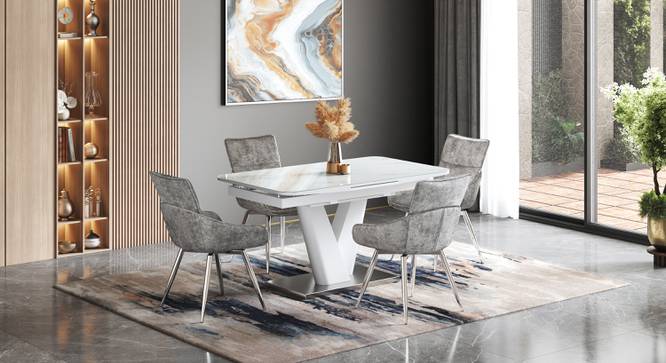 Caribu 4 To 6 Extendable White Marble Color High Gloss Dining Table With Set Of 4 Megan Dining Chair (Beige, White High Gloss Finish) by Urban Ladder - - 987242