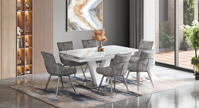 Caribu 6 To 8 Extendable White Marble Color High Gloss Dining Table With Set Of 6 Megan Dining Chair (Beige, White High Gloss Finish) by Urban Ladder - - 987244